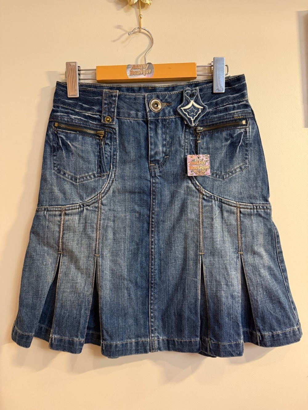 Denim Pleated A-Line Skirt in Blue